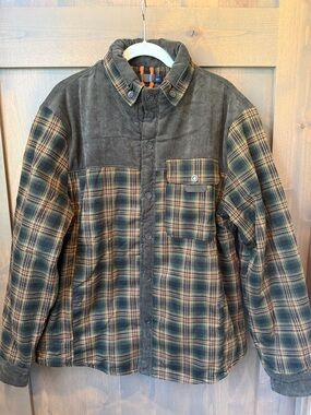 Men's Green Plaid Quilted Jacket with Contrast Corduroy Yoke- Large